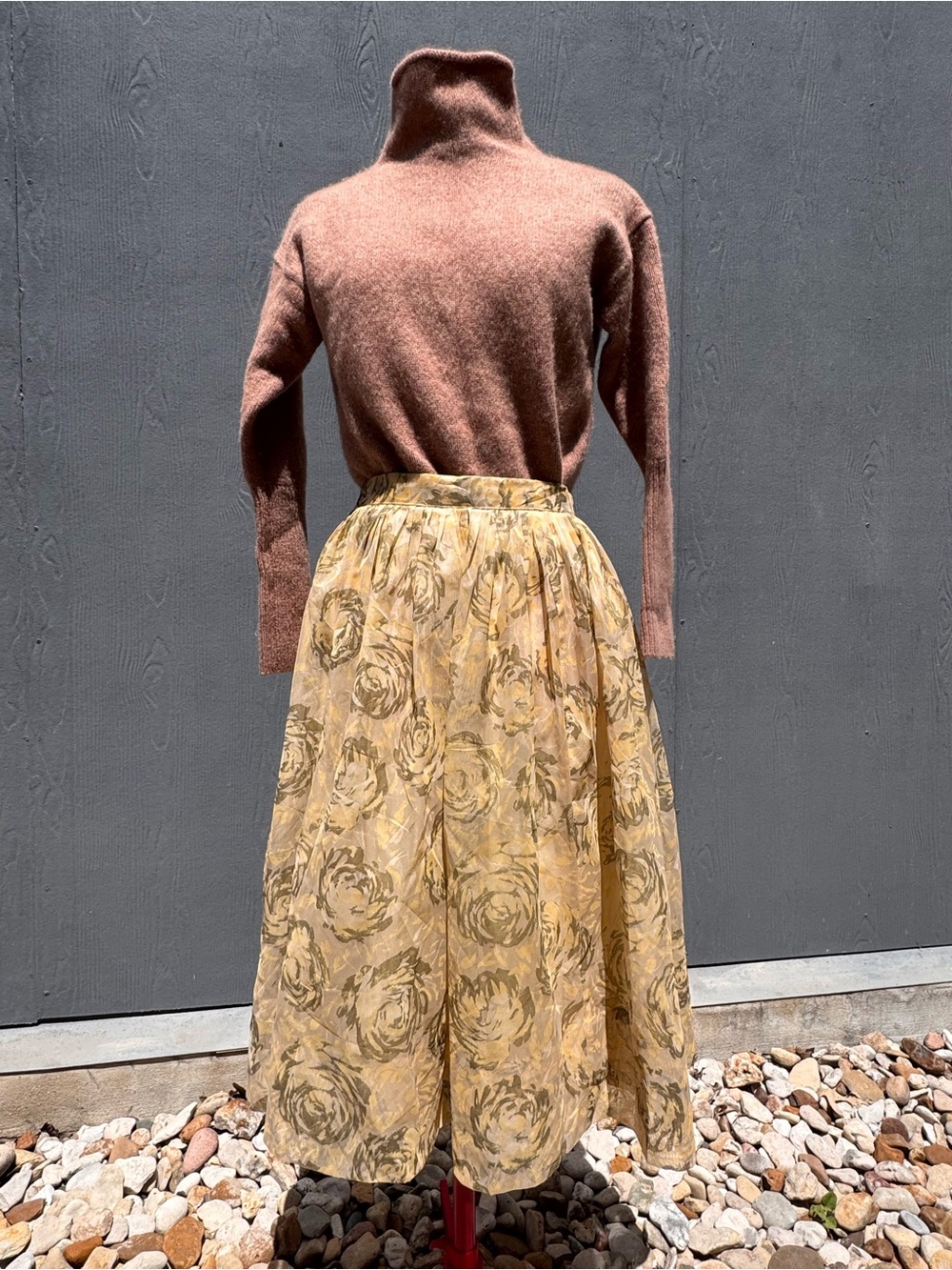 Shear Floral Gold Roses Vintage 60s A-Line Midi Skirt Size SM